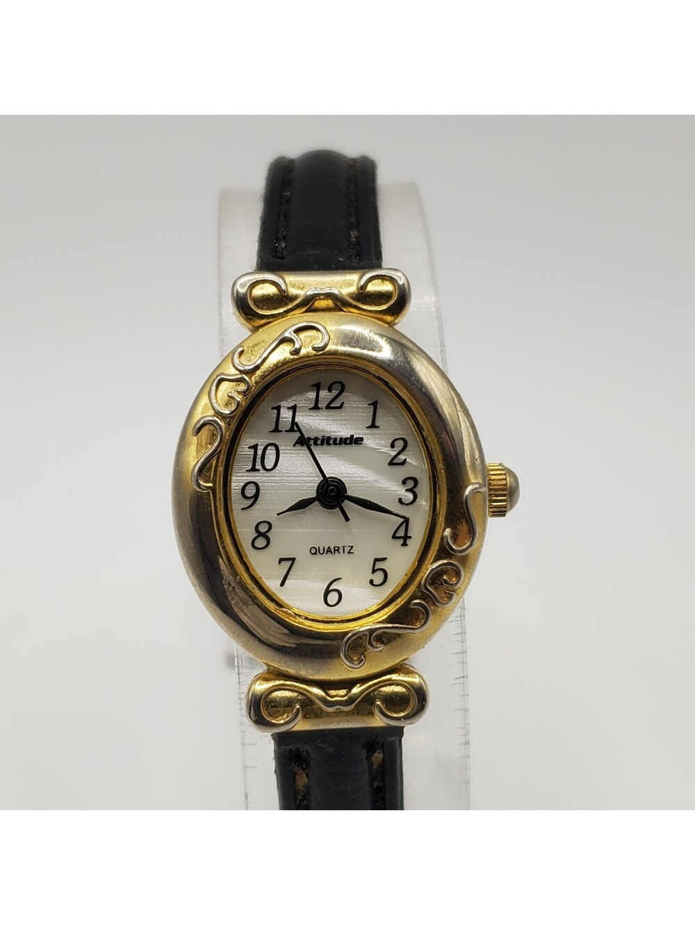 Attitude Oval Watch Women 19mm Gold Tone Black Band New Battery